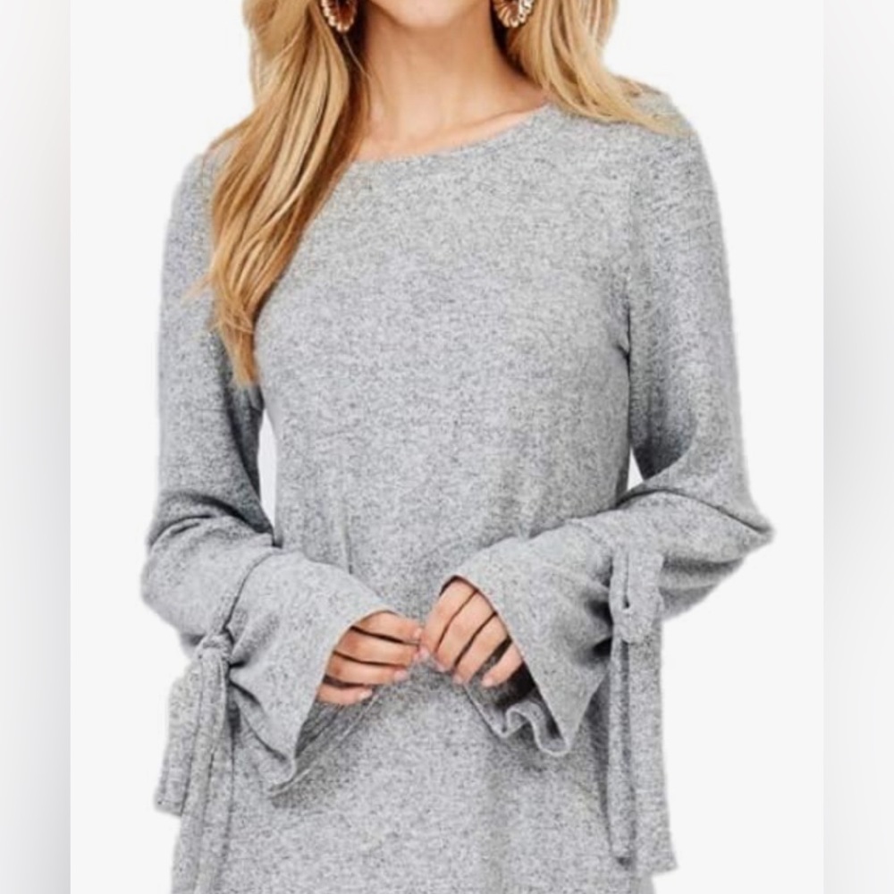 White Birch Soft Sweater Dark Gray Long Sleeve Ruffle Cuff with Tie SZ XL New